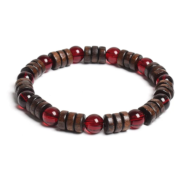 8mm Cylinder Wood Beads & Round Natural Stone Bracelets