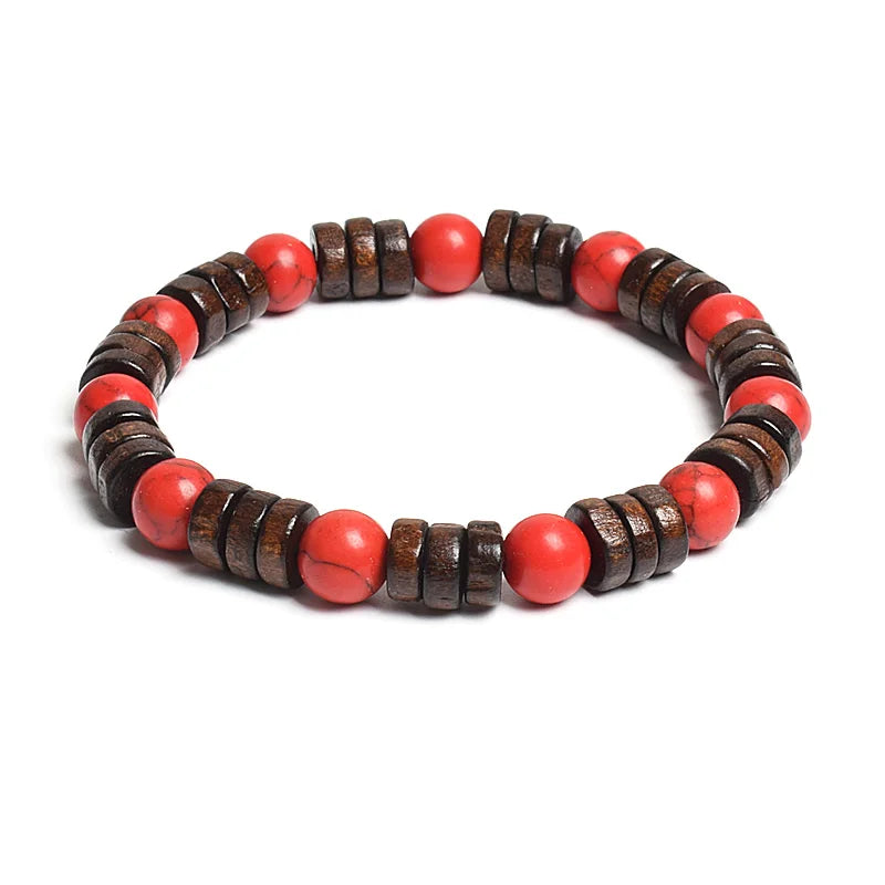 8mm Cylinder Wood Beads & Round Natural Stone Bracelets