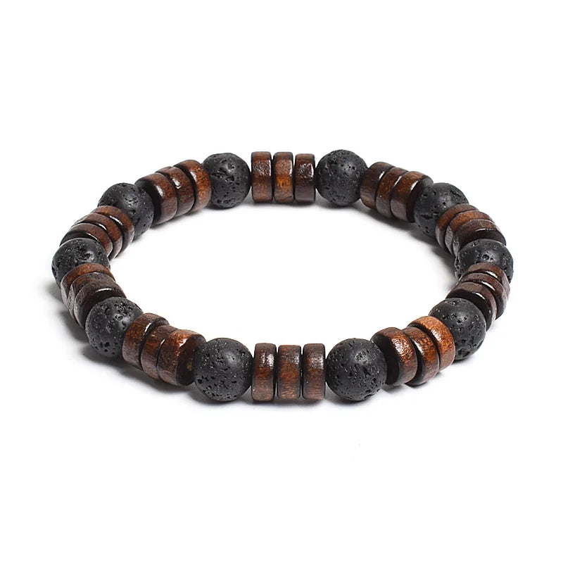 8mm Cylinder Wood Beads & Round Natural Stone Bracelets