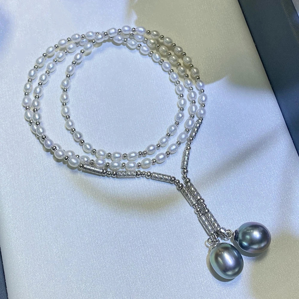 S925 Sterling Silver Real Pearl Necklace Sweater Chain with 3-4mm Freshwater Pearls and 10-11mm Tahitian Seawater Black Pearls