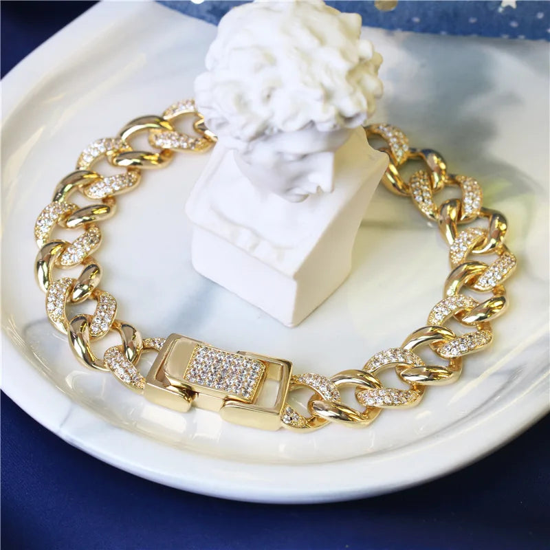 New Deisgn Bracelet For Men Copper Shine Zircon Cuban Chain Bangle FashionTrendsetter Hiphop Rock Women's Creative Bracelet Gift