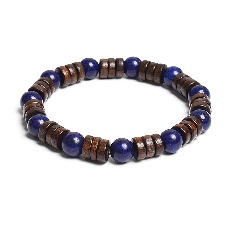 8mm Cylinder Wood Beads & Round Natural Stone Bracelets