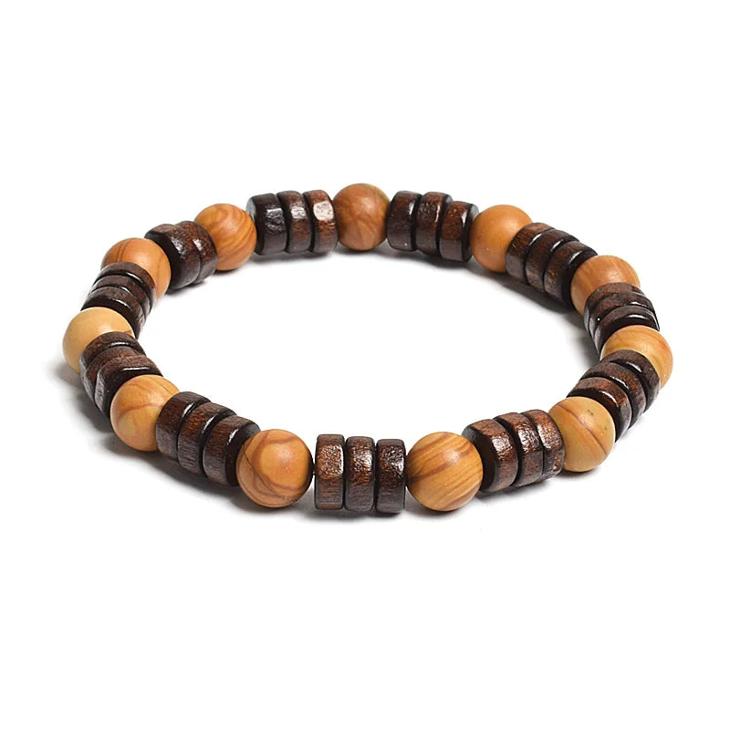 8mm Cylinder Wood Beads & Round Natural Stone Bracelets