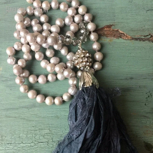 10Pcs Bohemian Grey Freshwater Pearl Sari Silk Tassel Unique Boho Style Hand Knotted Long Layered Necklace Emo grunge