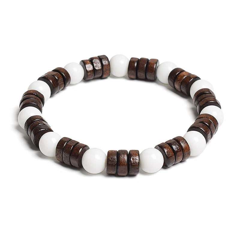8mm Cylinder Wood Beads & Round Natural Stone Bracelets