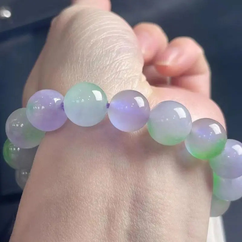 Natural Burma Jade Bracelet High Ice Grade A Myanmar Jadeite Purple Green Jades Stone Beads Elastic Beaded Bracelets Bangles