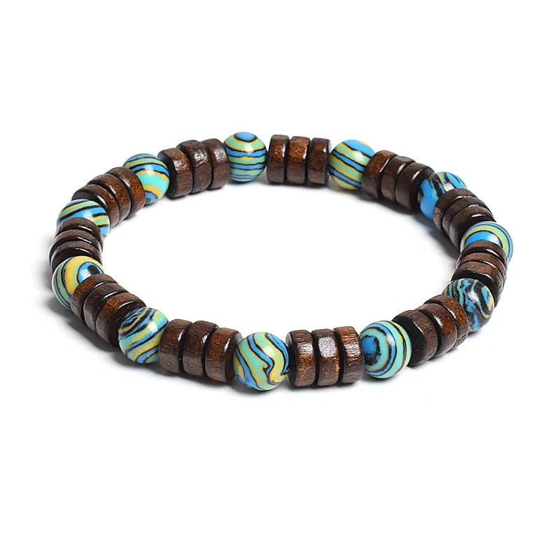 8mm Cylinder Wood Beads & Round Natural Stone Bracelets