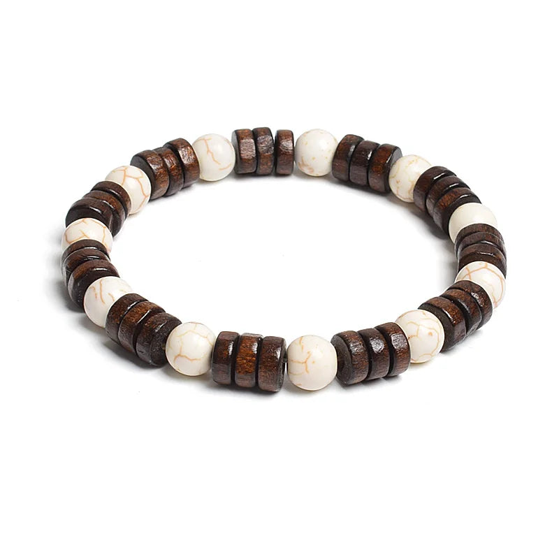 8mm Cylinder Wood Beads & Round Natural Stone Bracelets