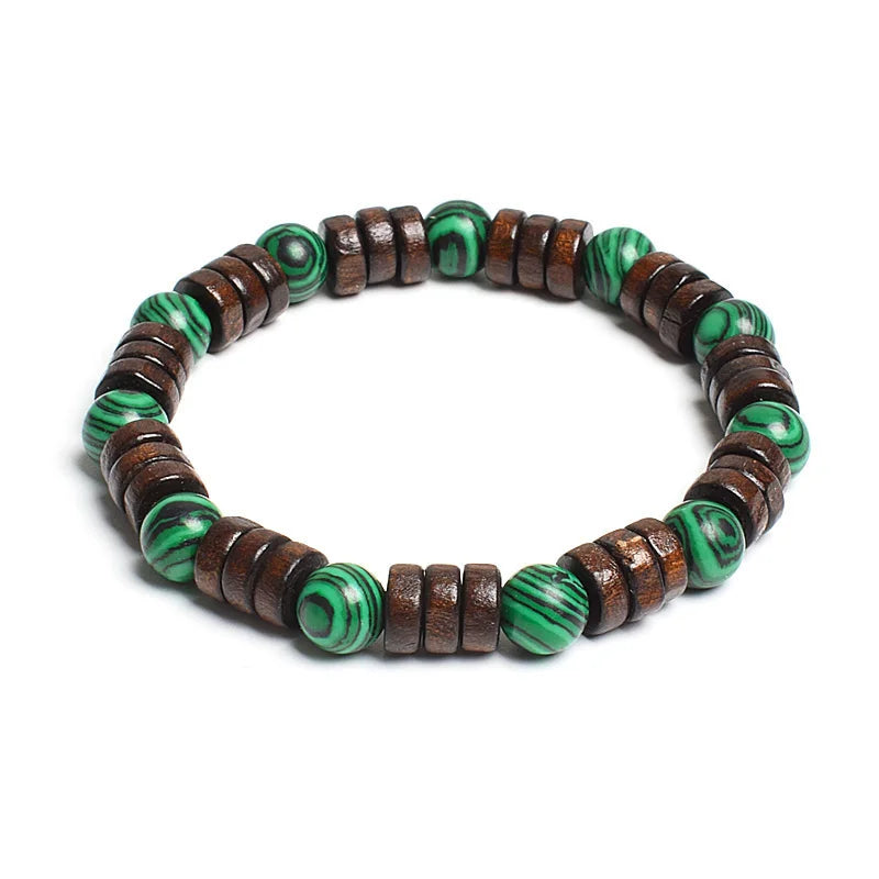 8mm Cylinder Wood Beads & Round Natural Stone Bracelets