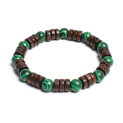 8mm Cylinder Wood Beads & Round Natural Stone Bracelets