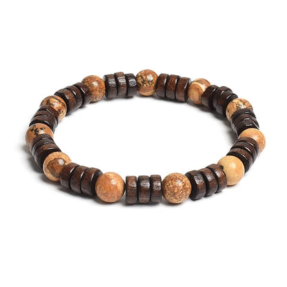 8mm Cylinder Wood Beads & Round Natural Stone Bracelets