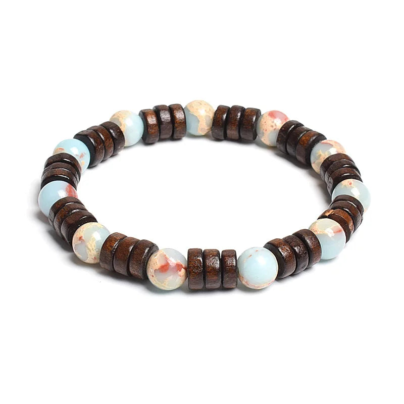 8mm Cylinder Wood Beads & Round Natural Stone Bracelets