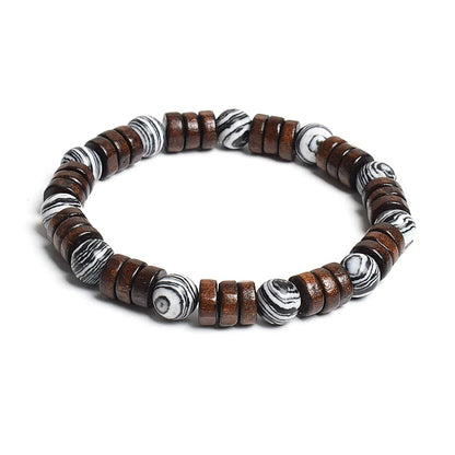 8mm Cylinder Wood Beads & Round Natural Stone Bracelets