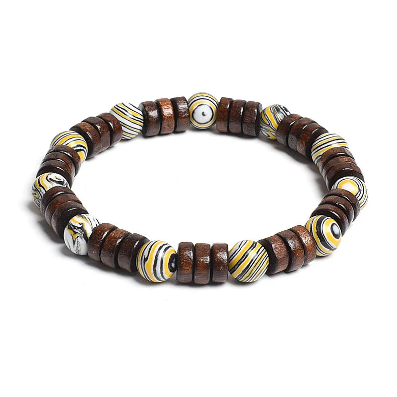 8mm Cylinder Wood Beads & Round Natural Stone Bracelets