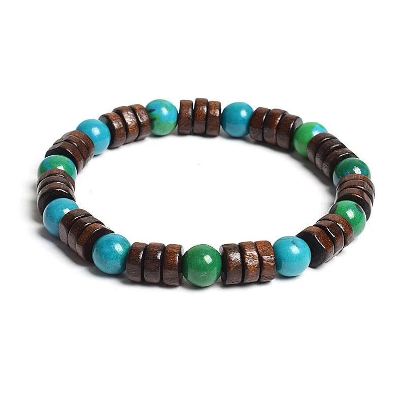 8mm Cylinder Wood Beads & Round Natural Stone Bracelets