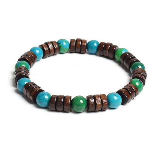8mm Cylinder Wood Beads & Round Natural Stone Bracelets
