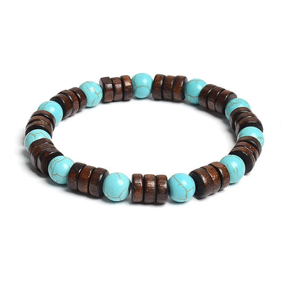 8mm Cylinder Wood Beads & Round Natural Stone Bracelets