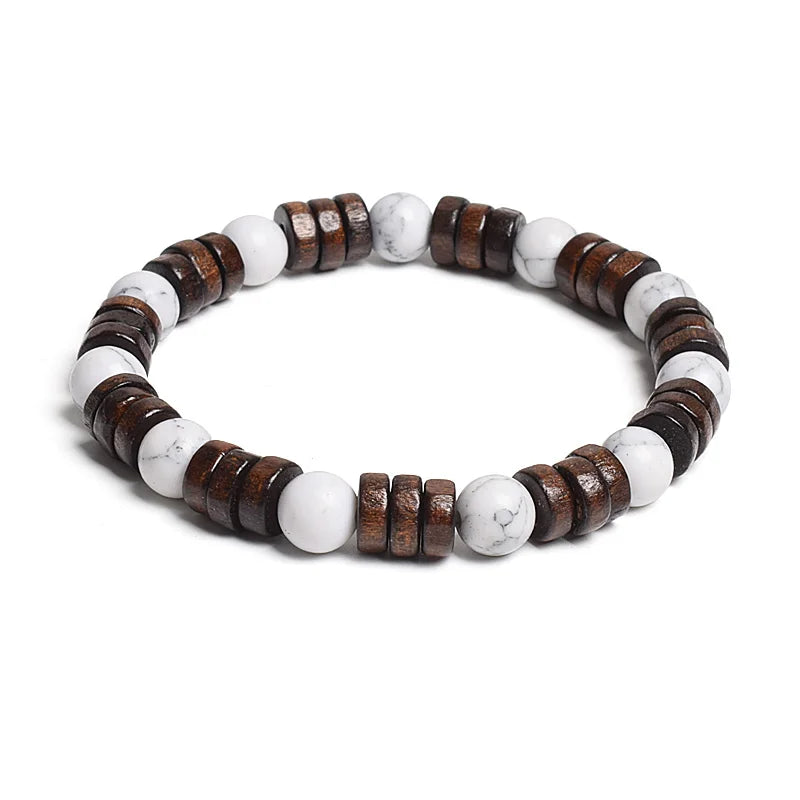 8mm Cylinder Wood Beads & Round Natural Stone Bracelets