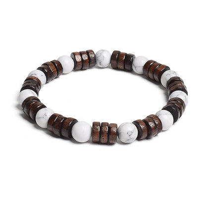 8mm Cylinder Wood Beads & Round Natural Stone Bracelets
