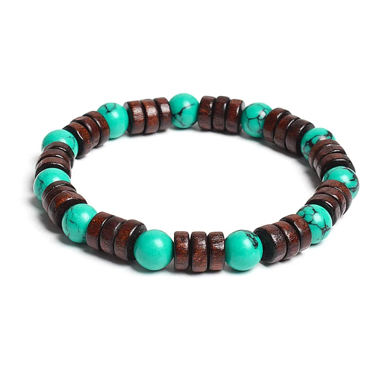 8mm Cylinder Wood Beads & Round Natural Stone Bracelets
