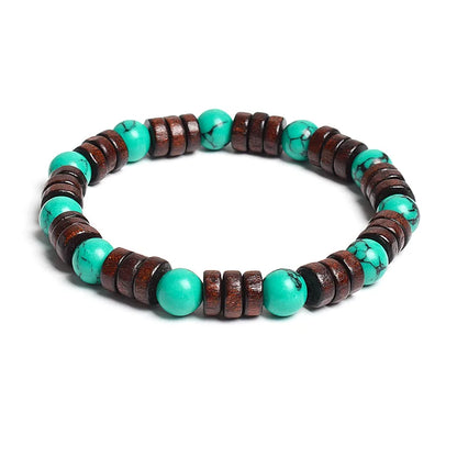 8mm Cylinder Wood Beads & Round Natural Stone Bracelets