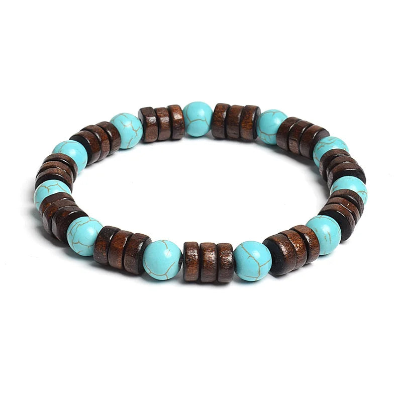 8mm Cylinder Wood Beads & Round Natural Stone Bracelets