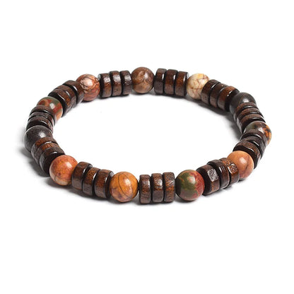 8mm Cylinder Wood Beads & Round Natural Stone Bracelets