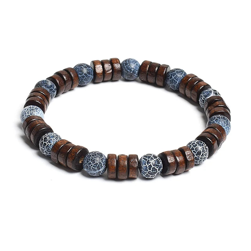 8mm Cylinder Wood Beads & Round Natural Stone Bracelets