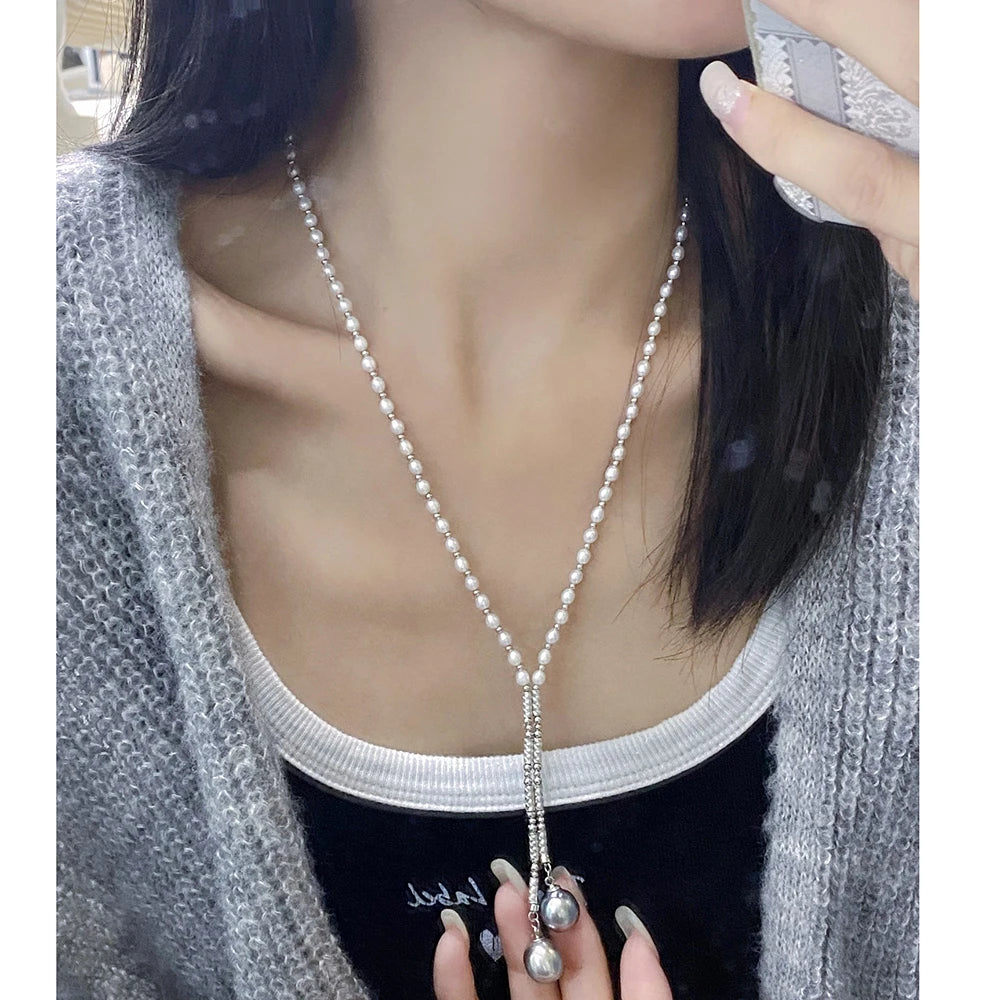 S925 Sterling Silver Real Pearl Necklace Sweater Chain with 3-4mm Freshwater Pearls and 10-11mm Tahitian Seawater Black Pearls