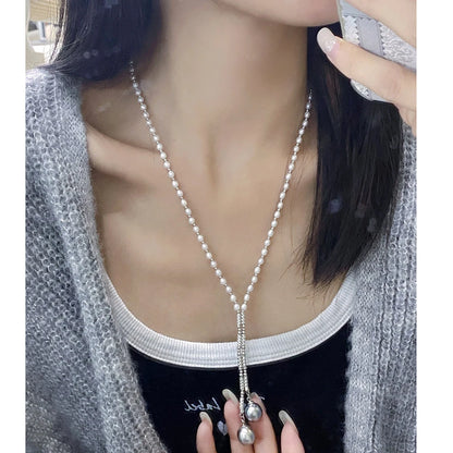 S925 Sterling Silver Real Pearl Necklace Sweater Chain with 3-4mm Freshwater Pearls and 10-11mm Tahitian Seawater Black Pearls