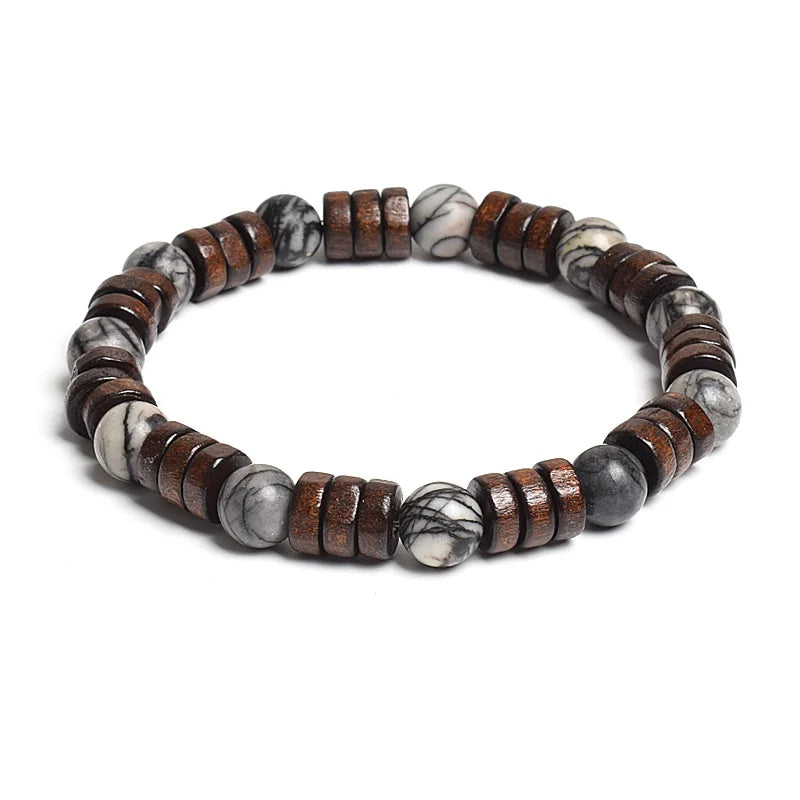 8mm Cylinder Wood Beads & Round Natural Stone Bracelets