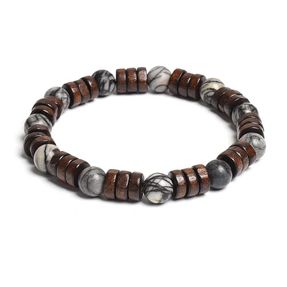 8mm Cylinder Wood Beads & Round Natural Stone Bracelets
