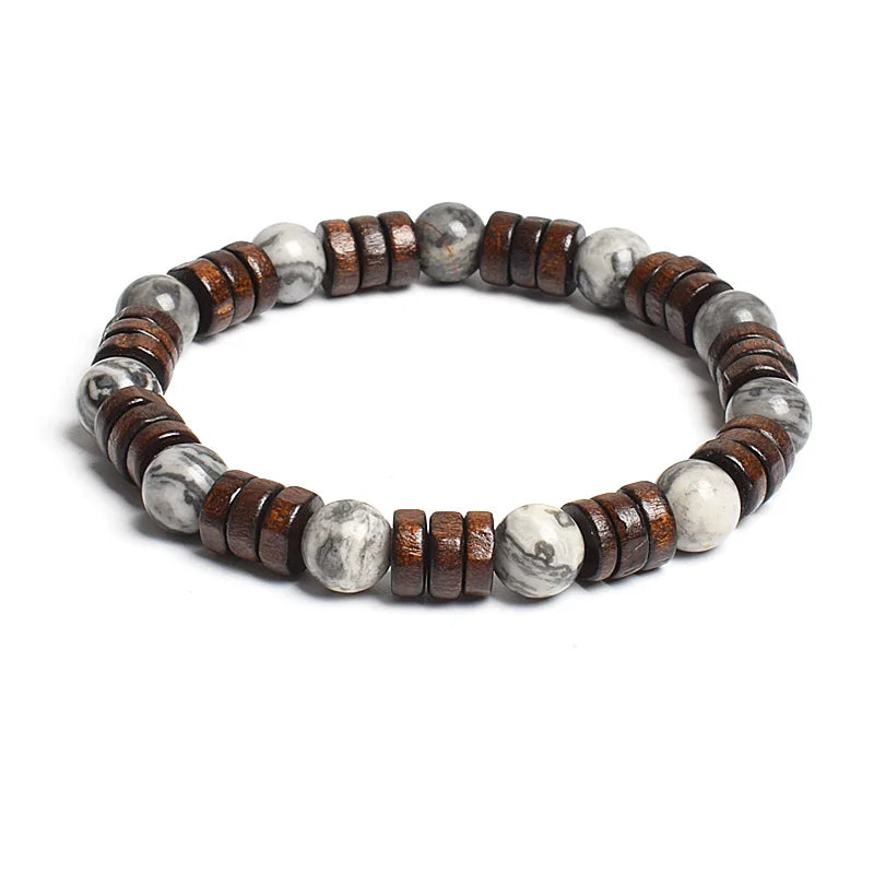 8mm Cylinder Wood Beads & Round Natural Stone Bracelets