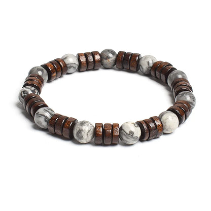 8mm Cylinder Wood Beads & Round Natural Stone Bracelets