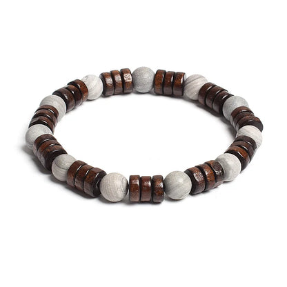 8mm Cylinder Wood Beads & Round Natural Stone Bracelets