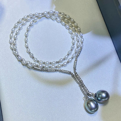 S925 Sterling Silver Real Pearl Necklace Sweater Chain with 3-4mm Freshwater Pearls and 10-11mm Tahitian Seawater Black Pearls