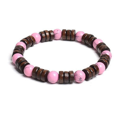 8mm Cylinder Wood Beads & Round Natural Stone Bracelets