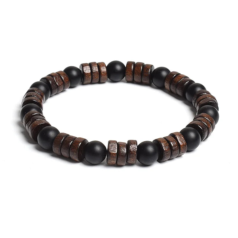 8mm Cylinder Wood Beads & Round Natural Stone Bracelets