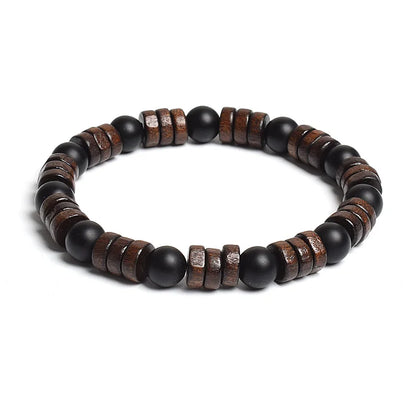 8mm Cylinder Wood Beads & Round Natural Stone Bracelets