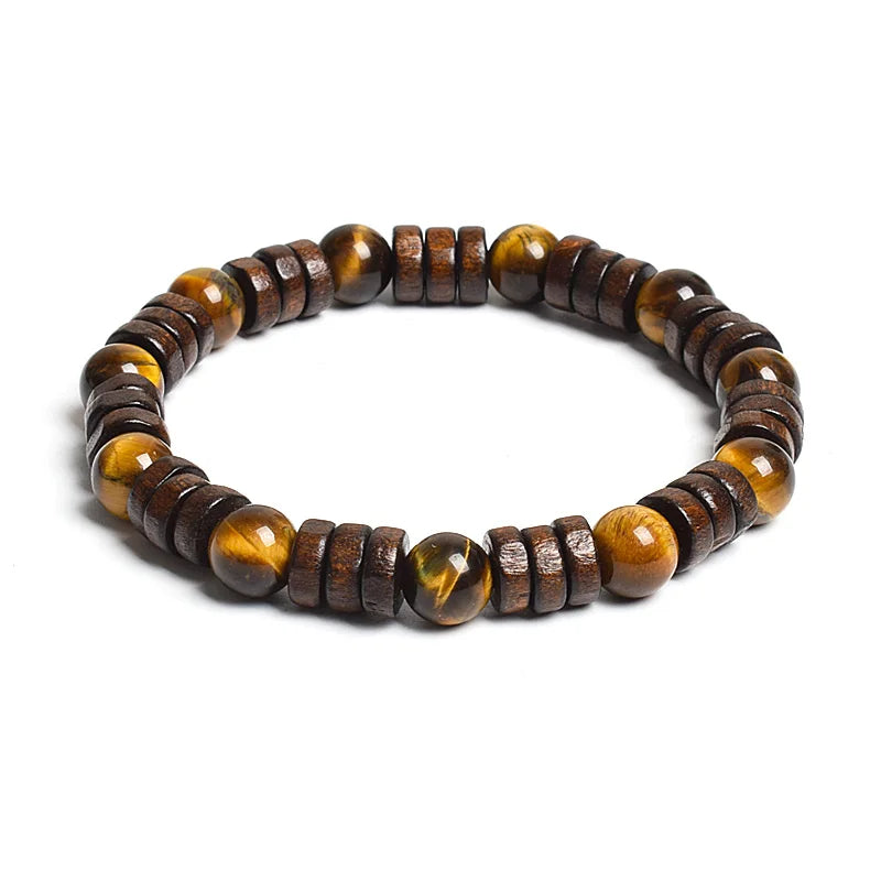 8mm Cylinder Wood Beads & Round Natural Stone Bracelets