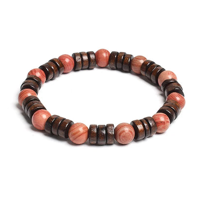 8mm Cylinder Wood Beads & Round Natural Stone Bracelets