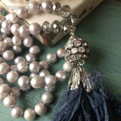 10Pcs Bohemian Grey Freshwater Pearl Sari Silk Tassel Unique Boho Style Hand Knotted Long Layered Necklace Emo grunge