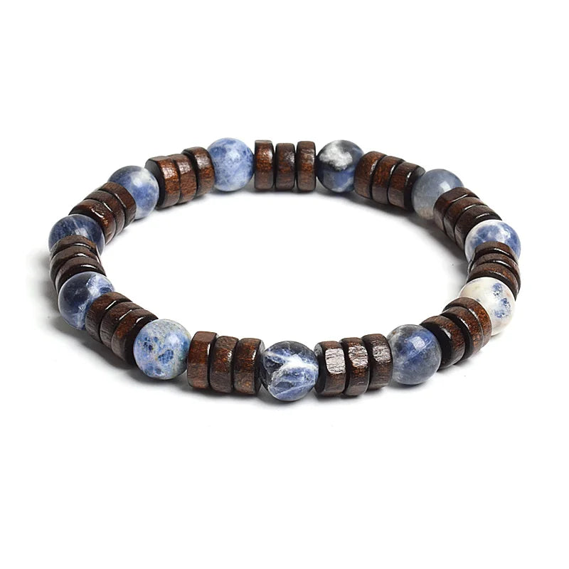 8mm Cylinder Wood Beads & Round Natural Stone Bracelets