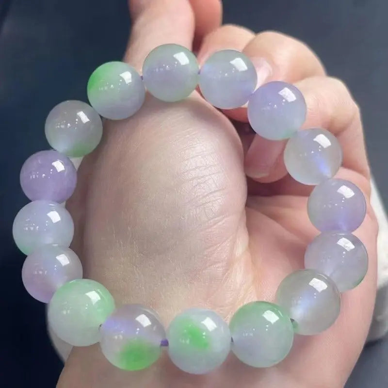 Natural Burma Jade Bracelet High Ice Grade A Myanmar Jadeite Purple Green Jades Stone Beads Elastic Beaded Bracelets Bangles