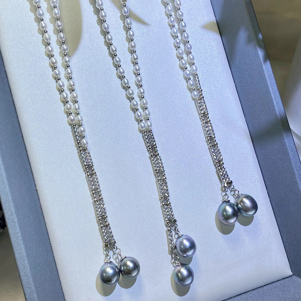 S925 Sterling Silver Real Pearl Necklace Sweater Chain with 3-4mm Freshwater Pearls and 10-11mm Tahitian Seawater Black Pearls