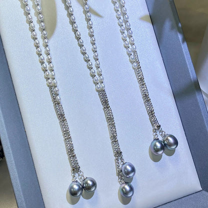 S925 Sterling Silver Real Pearl Necklace Sweater Chain with 3-4mm Freshwater Pearls and 10-11mm Tahitian Seawater Black Pearls