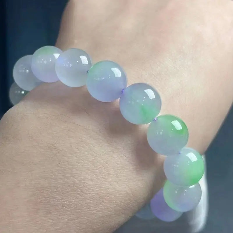 Natural Burma Jade Bracelet High Ice Grade A Myanmar Jadeite Purple Green Jades Stone Beads Elastic Beaded Bracelets Bangles