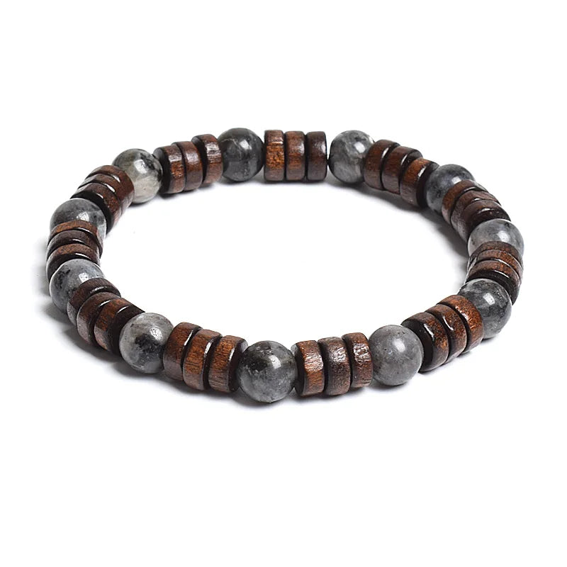 8mm Cylinder Wood Beads & Round Natural Stone Bracelets