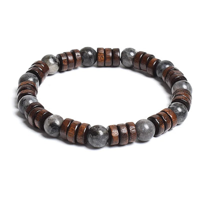 8mm Cylinder Wood Beads & Round Natural Stone Bracelets