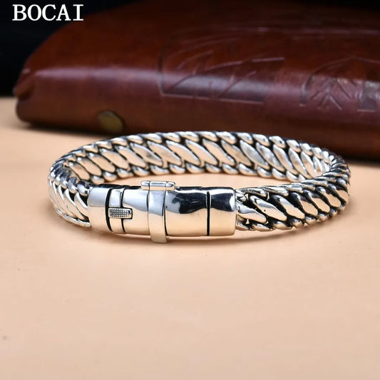 BOCAI S925 Sterling Silver Punk Personality Simple And Atmospheric Three Whip Bracelet Men's Gift